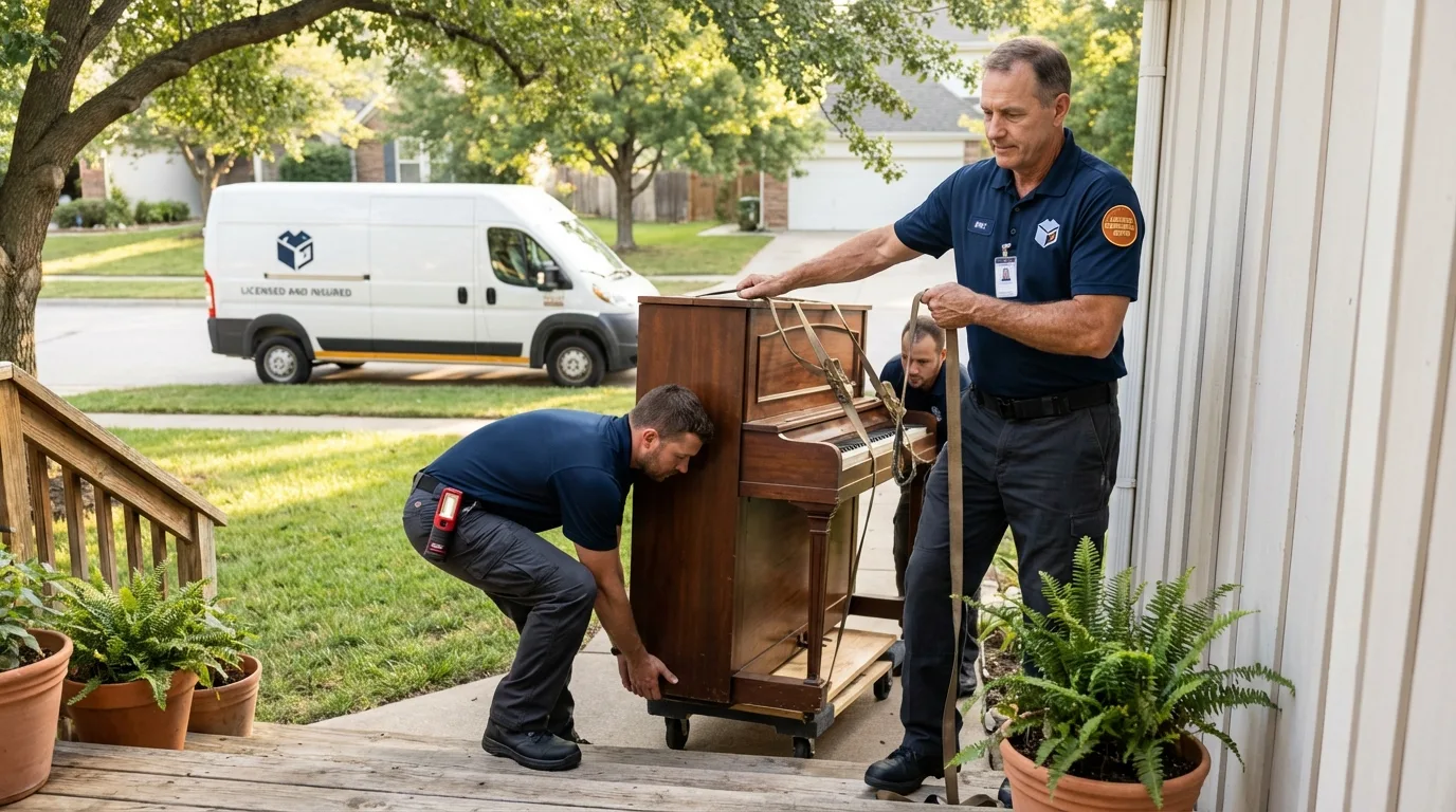 Licensed piano movers securing grand piano in Palm Bay, FL