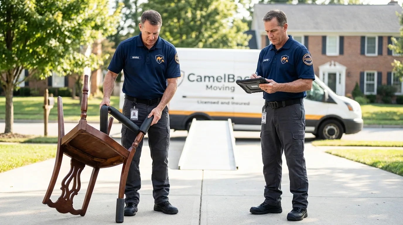 Movers inspecting furniture for damage prevention before loading in Palm Bay, FL