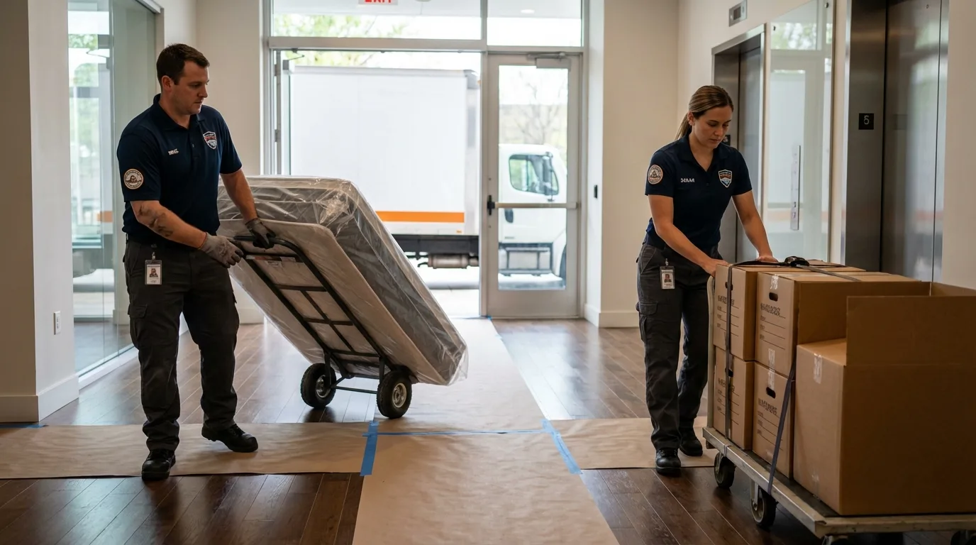 Professional apartment movers loading elevator in Palm Bay, FL