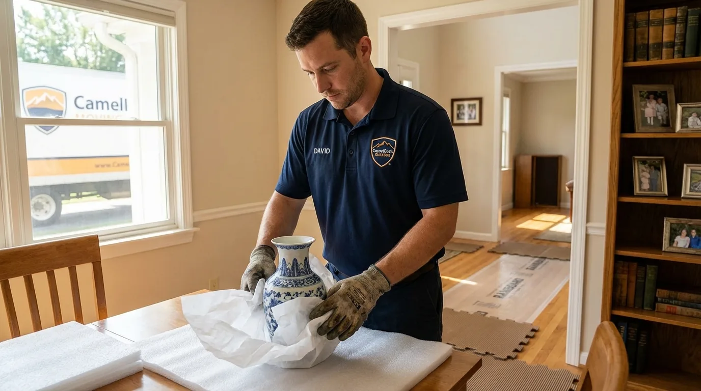 Professional crew carefully wrapping antique vase for senior downsizing move in Palm Bay, FL